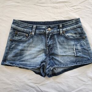Women’s Denim Short - Blue Washed Jean Shorts Low Rise with Lace Detailing